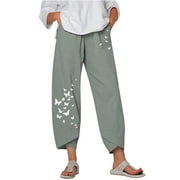 ORQ Women's Casual Loose Trousers Cotton Linen Print Wide-Leg Pleated Pants
