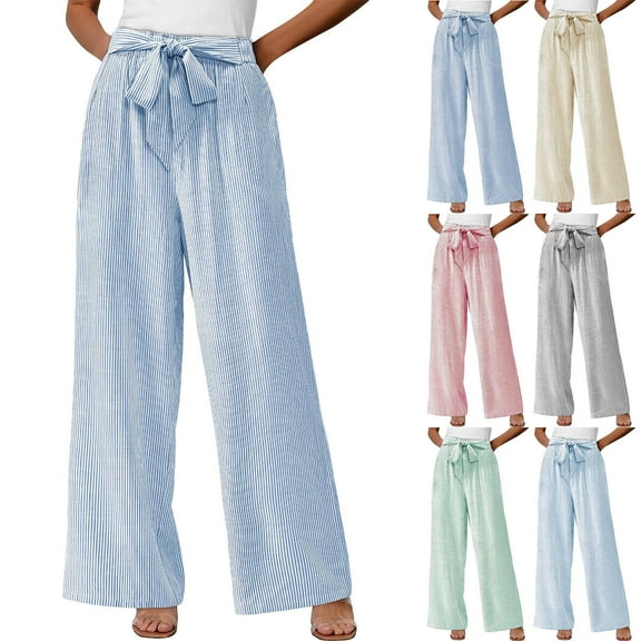 QATAINLAV Womens Striped Wide Leg Pants Fashion Flowy Tie Knot High Waist Palazzo Trousers Business Casual Outfits Blue L My Orders Placed By Me