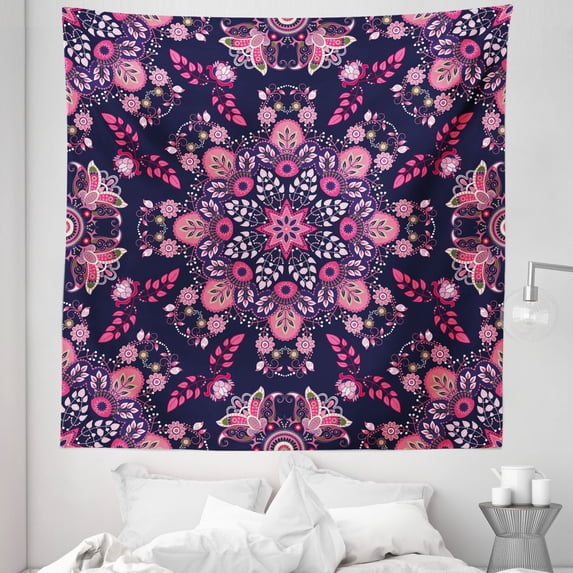 Ethnic Tapestry, Spring Nature Blossoms Abstract Traditional Style Exotic Fantasy, Fabric Wall Hanging Decor for Bedroom Living Room Dorm, 5 Sizes, Indigo Pink Pale Pink, by Ambesonne