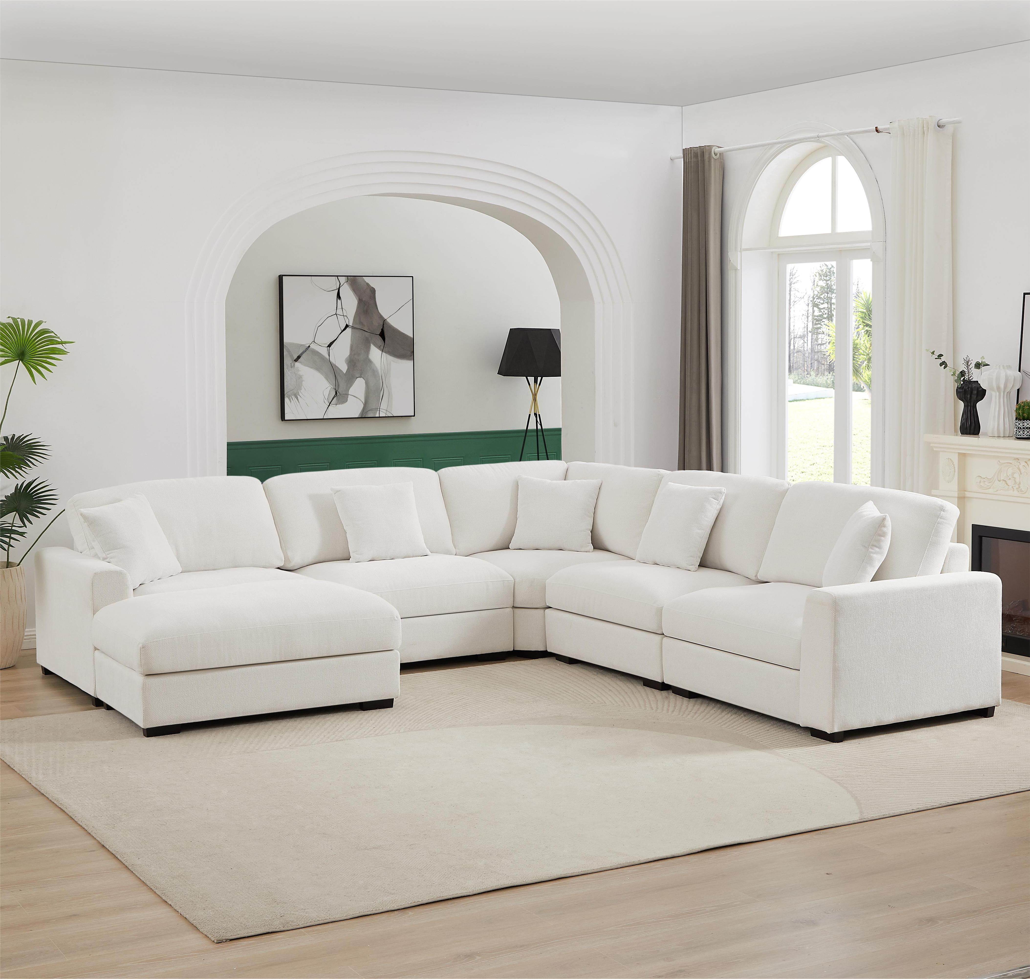 Chenille Reversible Modular 6 Piece Corner Sectional Couch with Ottoman for Comfortable and Versatile Living Room, Family Room, Home Theater, Living Spaces
