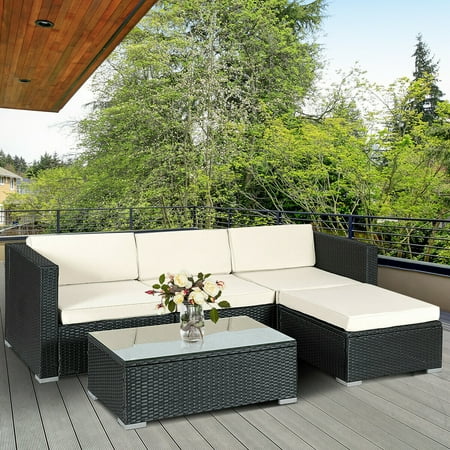 Sofa Garden Milano Costway 5 PCS Patio Furniture Set Rattan Wicker Table Shelf Garden Sofa with Beige Cushions ()