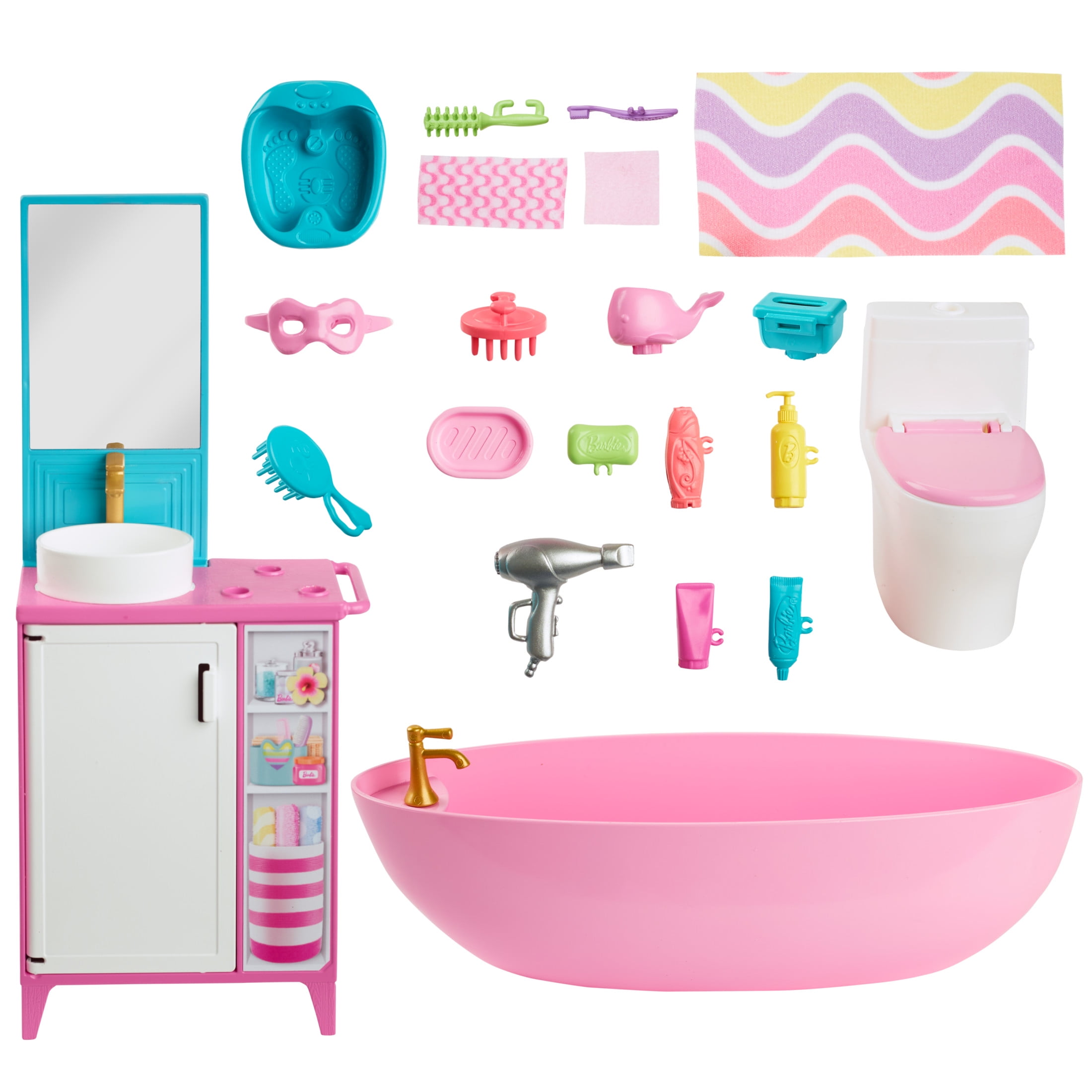 Barbie World Bathtime Toy Playset with 19 Dollhouse Accessories