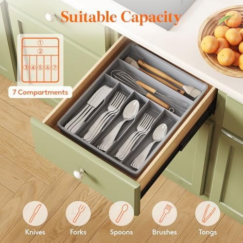 Silverware Drawer Organizer Tray, Plastic Cutlery Storage for Kitchen, Flatware and Utensil Holder Divider for Spoons Forks Knives Tableware, 12.3 x 16", 7 Slots, Gray