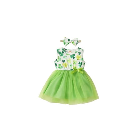 

Frobukio 2Pcs Summer St. Patrick s Day Toddler Girls Outfits Sleeveless Clover Dot Print Dress Bow+Headband Clothes White Light Green 2-3 Years