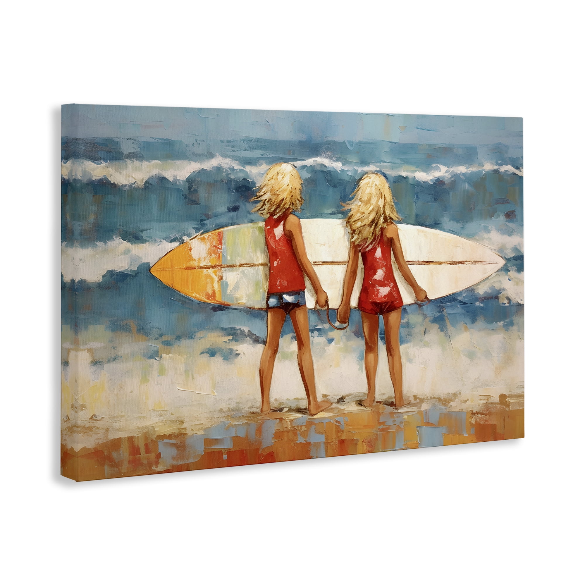 Stupell Industries Siblings with Surfboard People Painting Wrapped Canvas Art Print Wall Art, 30 x 20