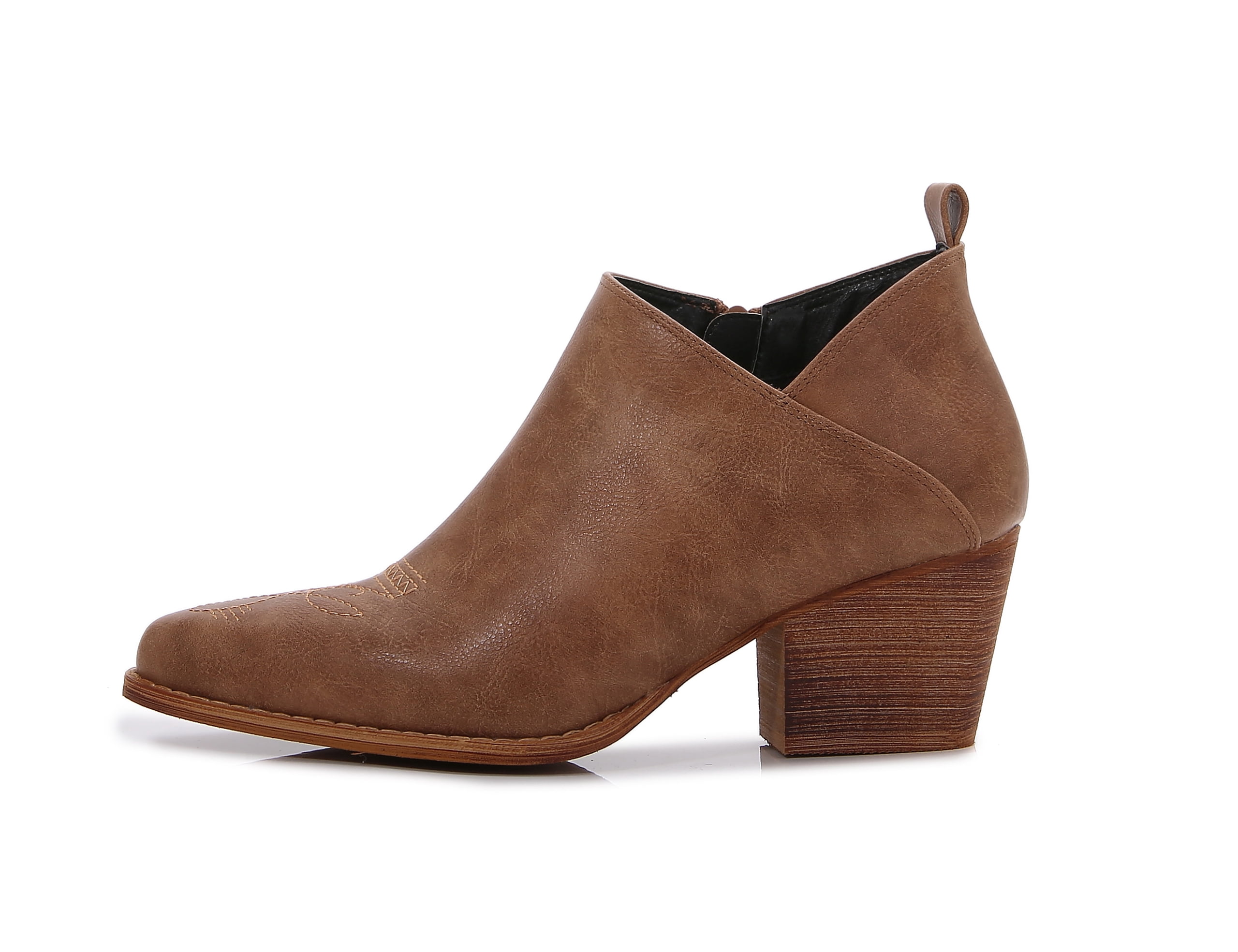 MM Women's embroidered Polyurethane Leather Wooden Heel Zippered Fashion Ankle Boots (Brown, 10)