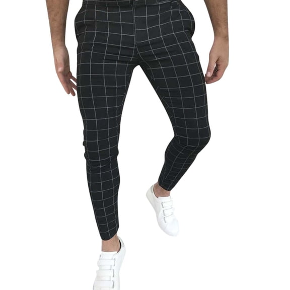 Men's Casual Pants Men Slim Fit Plaid Print Zipper Casual Fashion Long Pants Trousers end Black L