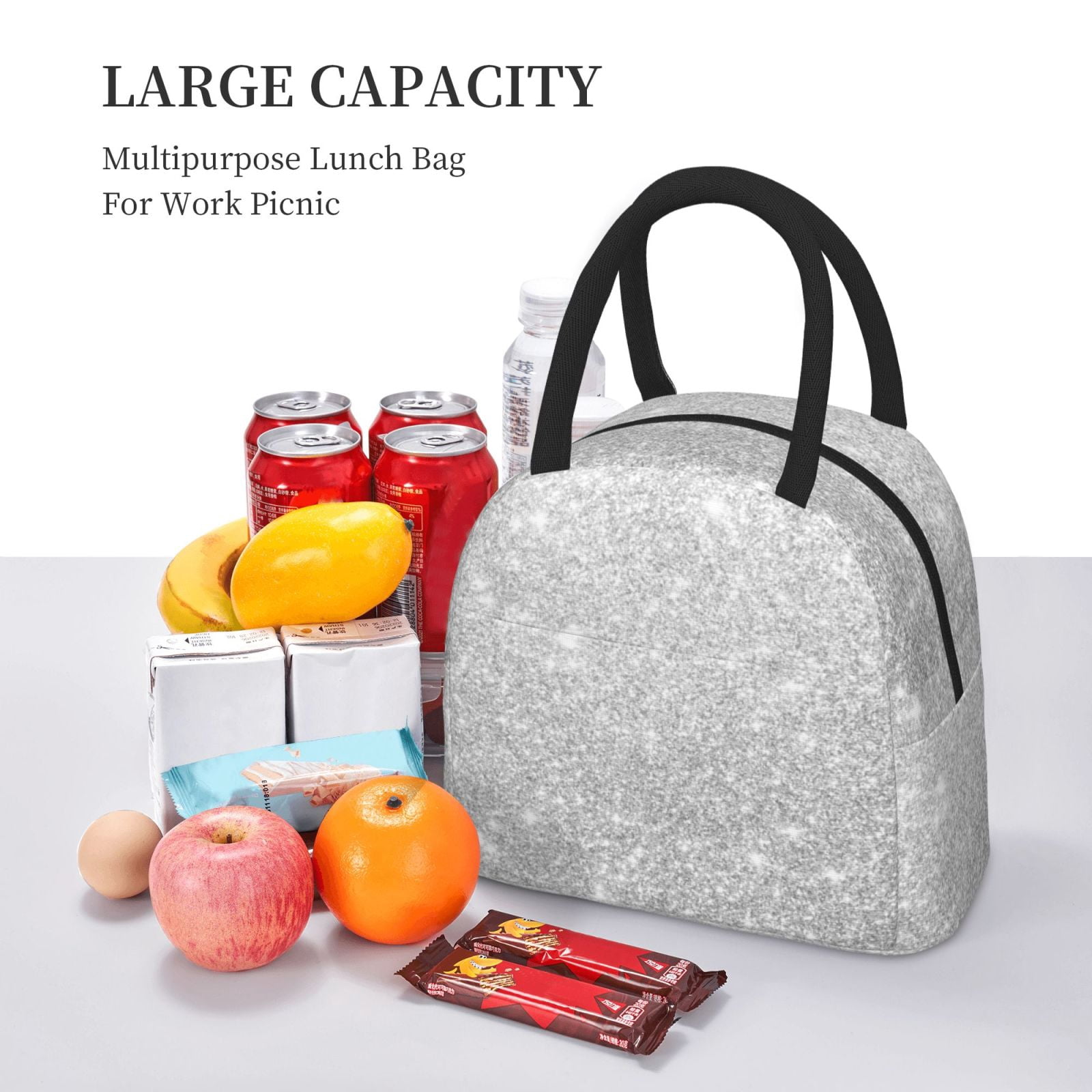 Logiee Silver Glitter Print Lunch Bag for Women & Men,Adult Insulated Lunch Box,Food Lunch Containers,Reusable High Capacity Lunch Tote Bags for Work, Travel, Outdoor