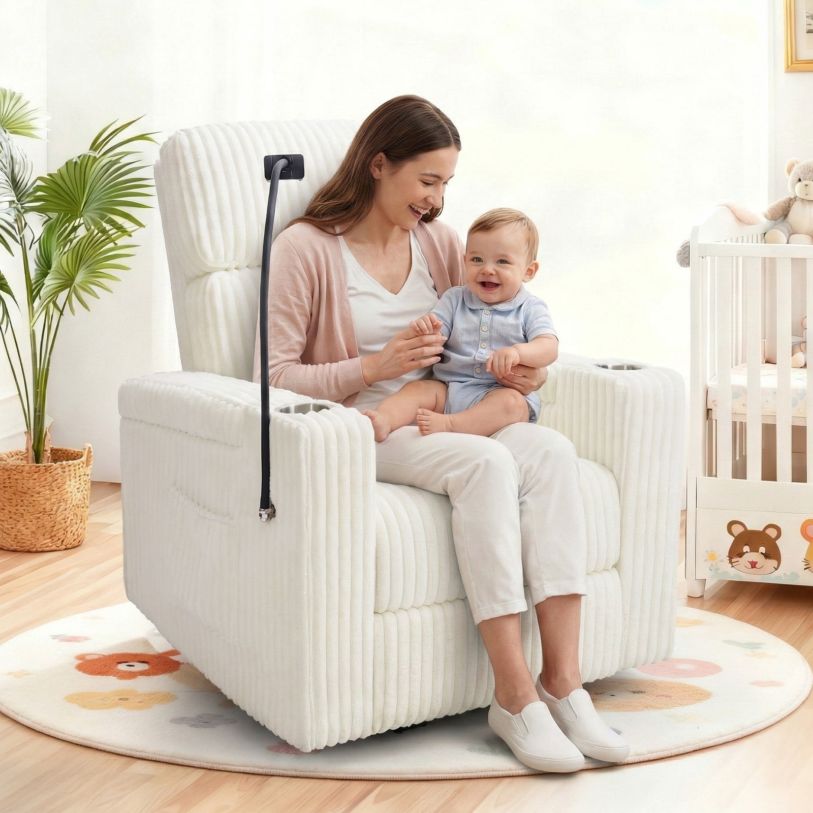 JULY'S SONG Power Recliner Rocking Chair for Nursery, Swivel Rocker Recliner Chair with Phone Holder, USB/Type-C Ports, Nursery Glider Recliners with Arm Storage,White