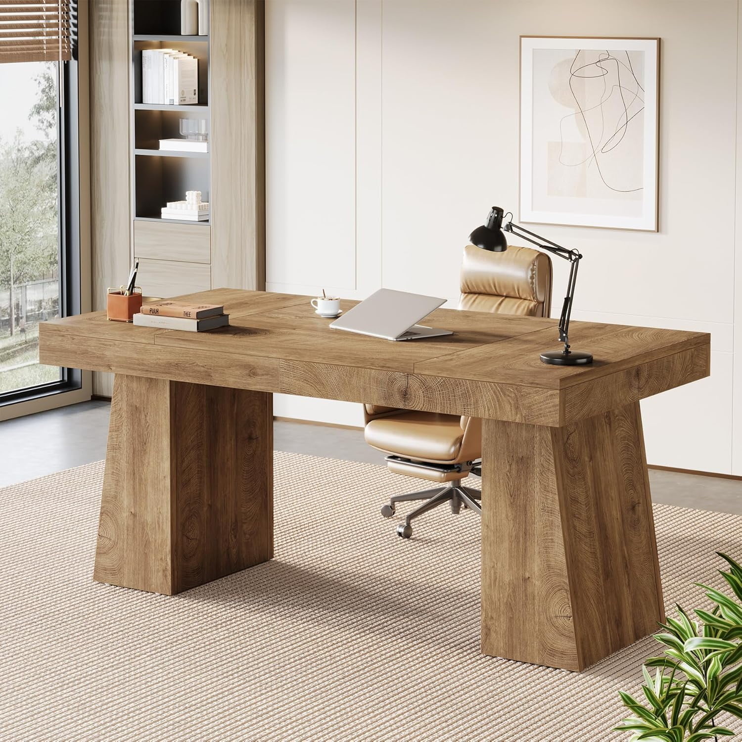Finmind Large Wood Executive Desk, 55" Rectangle Office Desk with Double Pedestal, Modern Minimalist Computer Desk Workstations Conference Table Furniture for Home Office(Light Brown)