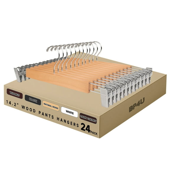 BP4U 12-Pack Premium Wooden Pants Hangers with Adjustable Clips, Heavy Duty Solid Wood Skirt Hangers, Non-Slip Trousers Bottom Hangers for Jeans, Slacks, Dresses(Natural Wood)