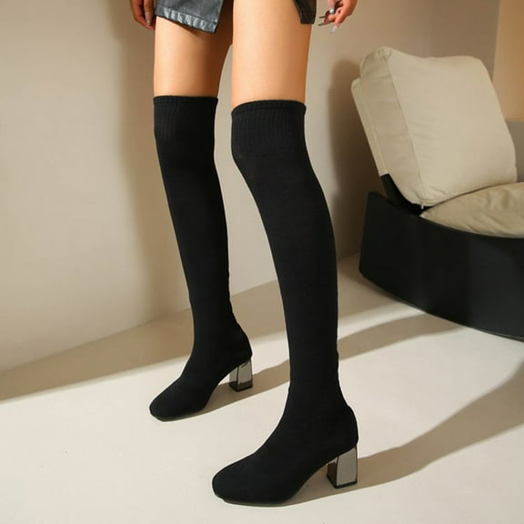 Wowcloth Winter Mesh Stretch Over-the-Knee Boots for Women - Solid Color Round-Toe with Chunky High Heel, Fashion Casual Winter Footwear