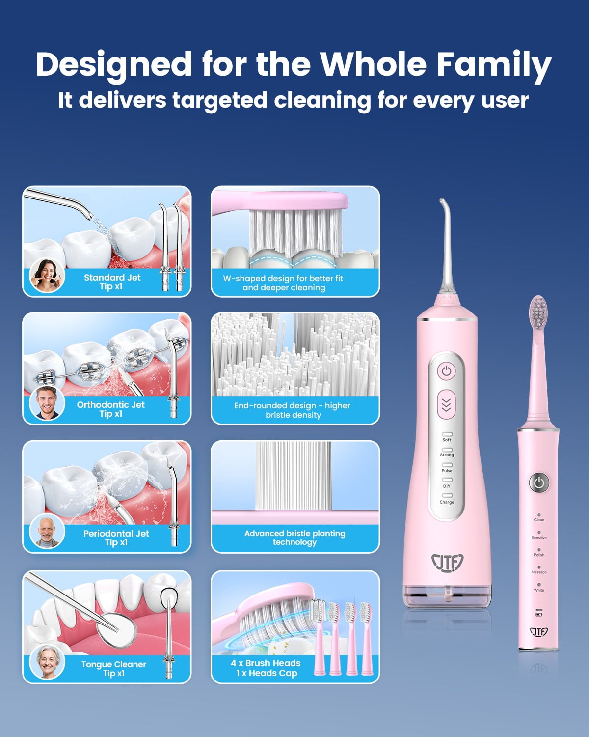 JTF 2-in-1 Oral Clean Kit- Electric Toothbrush & Water flosser Combo with Multiple Modes, 5 Brush Heads and 5 Jet Tips, Brushing & Flossing- Rechargeable for Teeth Cleaning and Gum Health, Pink