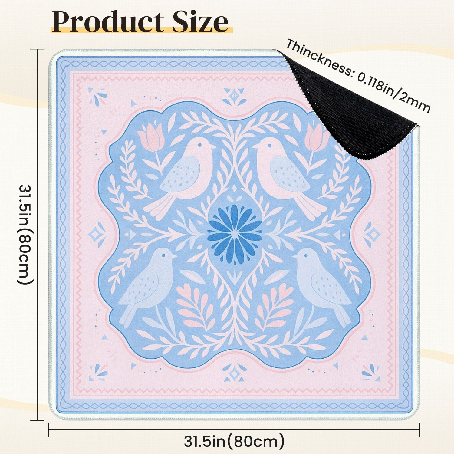 Mahjong Mat 31.5" x 31.5" Pastel Floral Birds Pink Blue Tones Anti-Slip and Noise Reduction Symmetry Design Mahjong Tiles Table Cover for Dominoes Poker Card Board and Tile Games
