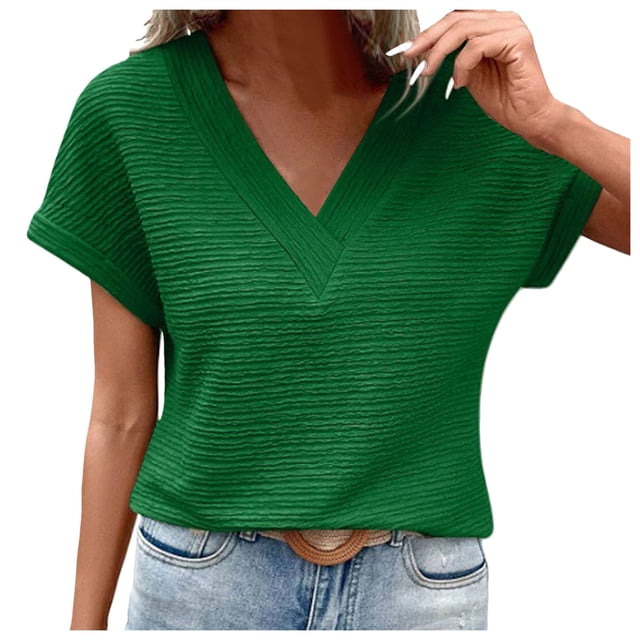Womens Short Sleeve Textured Tops Summer Casual V Neck Solid Loose Basic T Shirts