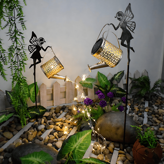 Fairy Garden Decor with Solar Watering Can Decorative Kettle with Cascading String Lights for Lawn Pathway Decorations