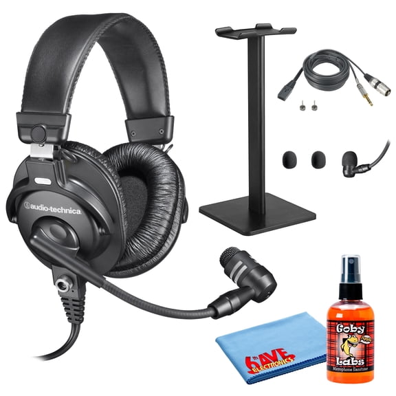 Audio-Technica BPHS1 Broadcast Stereo Headset with Dynamic Cardioid Boom Mic Black, Adjustable with Headphone Stand & Goby Labs Cleaner w/Cloth