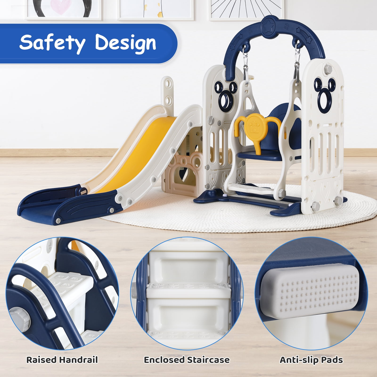 LAZY BUDDY 5-in-1 Slide and Swing Set for Toddlers, Kids Slide Climber Playset with Basketball Hoop, Indoor/Outdoor Playground