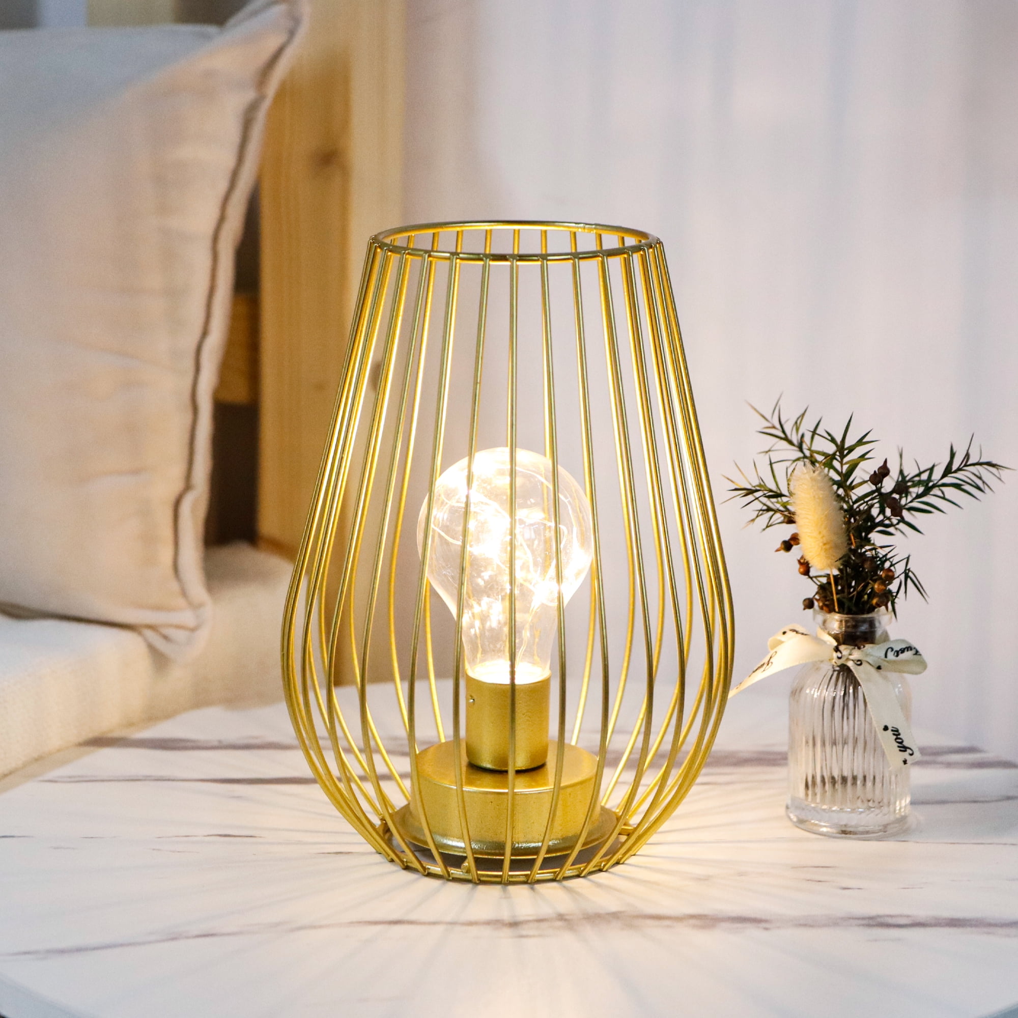 TRIROCKS 7.8''H Cage Shape Cordless Table Lamp Battery operated(Gold)
