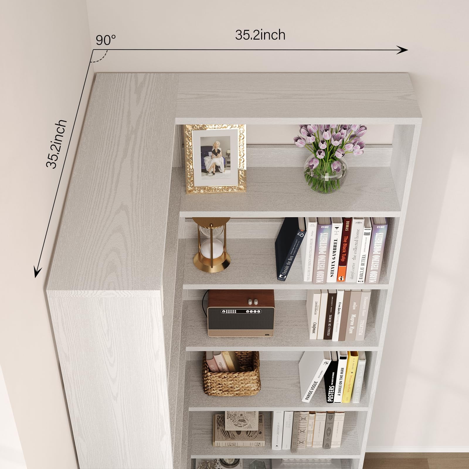 DreamCurship Industrial Corner Bookshelf, 71" Tall 6-Tier L-Shaped Bookcase with LED Lights, Rustic White Space-Saving Display Rack for Living Room, Bedroom