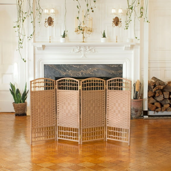 Red Lantern 3 ft. Short Fiber Weave Folding Screen - Natural - 4 Panels
