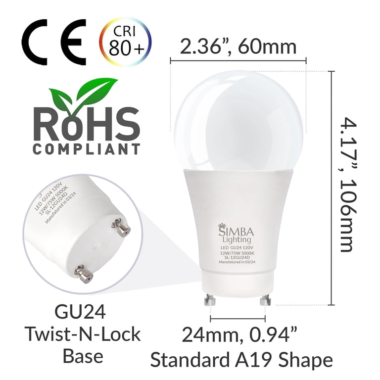 Simba Lighting LED GU24 A19 Light Bulb 12W (4-Pack) – 1100 Lumens, 2700K Warm White, Dimmable, Twist & Lock Base, 75-100W Replacement, 30,000-Hour Lifespan