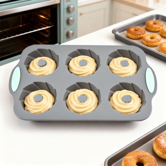Loespoir 6-Cavity Reusable Silicone Mold, Non-Stick Donut Baking Mold, Round Tray For Cakes, Pastries, Ice Cubes, Chocolate, Sturdy Kitchen Tool(A)