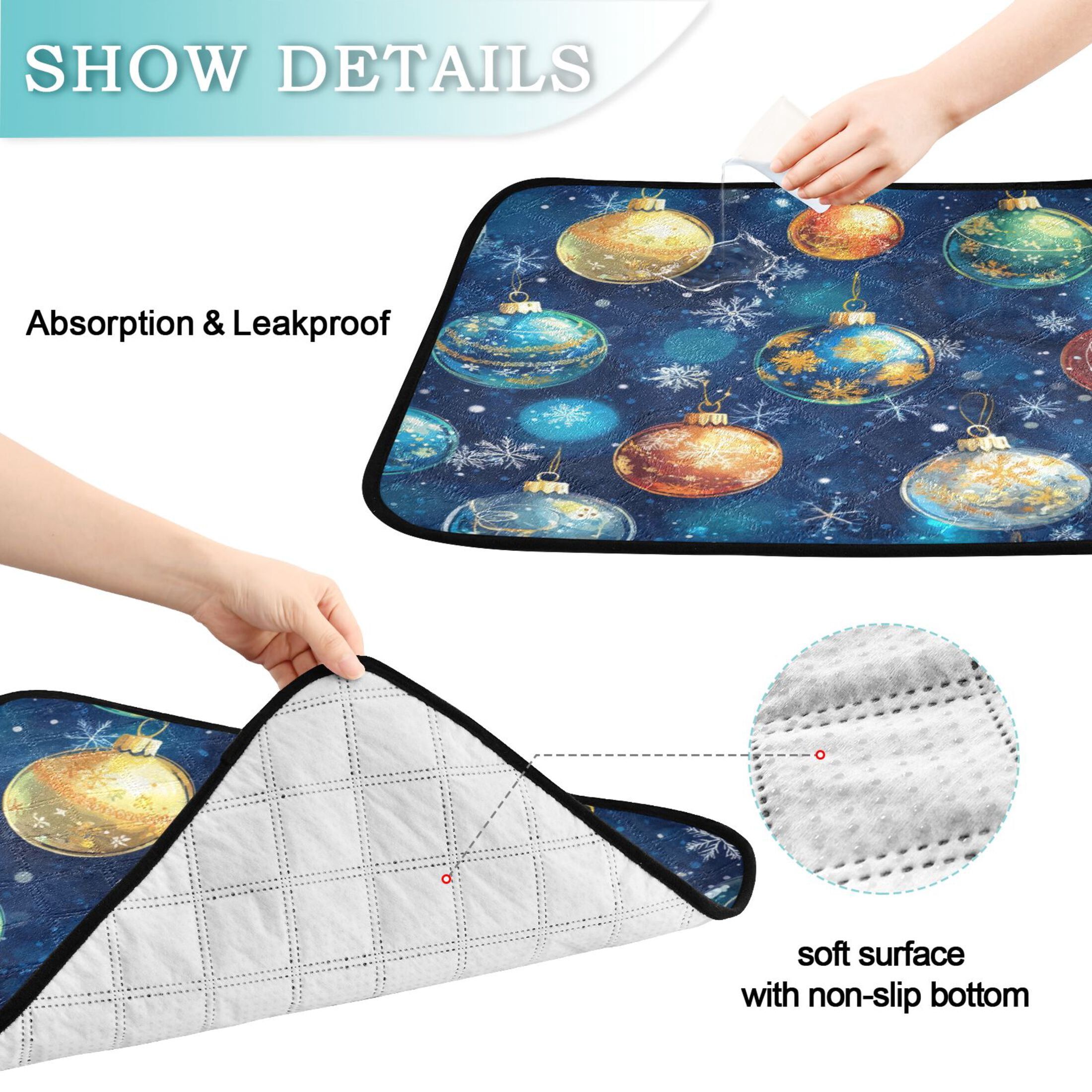 Qxltty Christmas Glass Ball Pattern on Blue Background Cat litter Pads Pet Set of 2 Diaper Mats Center Anti-leakage Layer Absorbent Soft and Comfortable