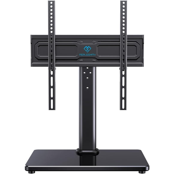 PERLESMITH Support TV Pivotant Universel pour Téléviseurs de 24 à 60 Pouces jusqu'à 99 Lb, Support TV de Table à 12 Hauteurs Réglables, Base de TV avec Base en Verre Trempé