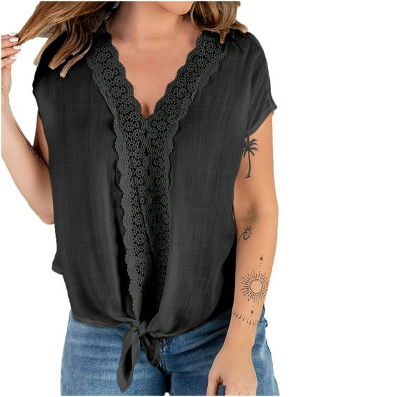 Elainilye Fashion Tee Shirts Womens Solid Solor V-Neck Lace Hollow Out Short Sleeve Casual Shirts Blouses Tops,Black