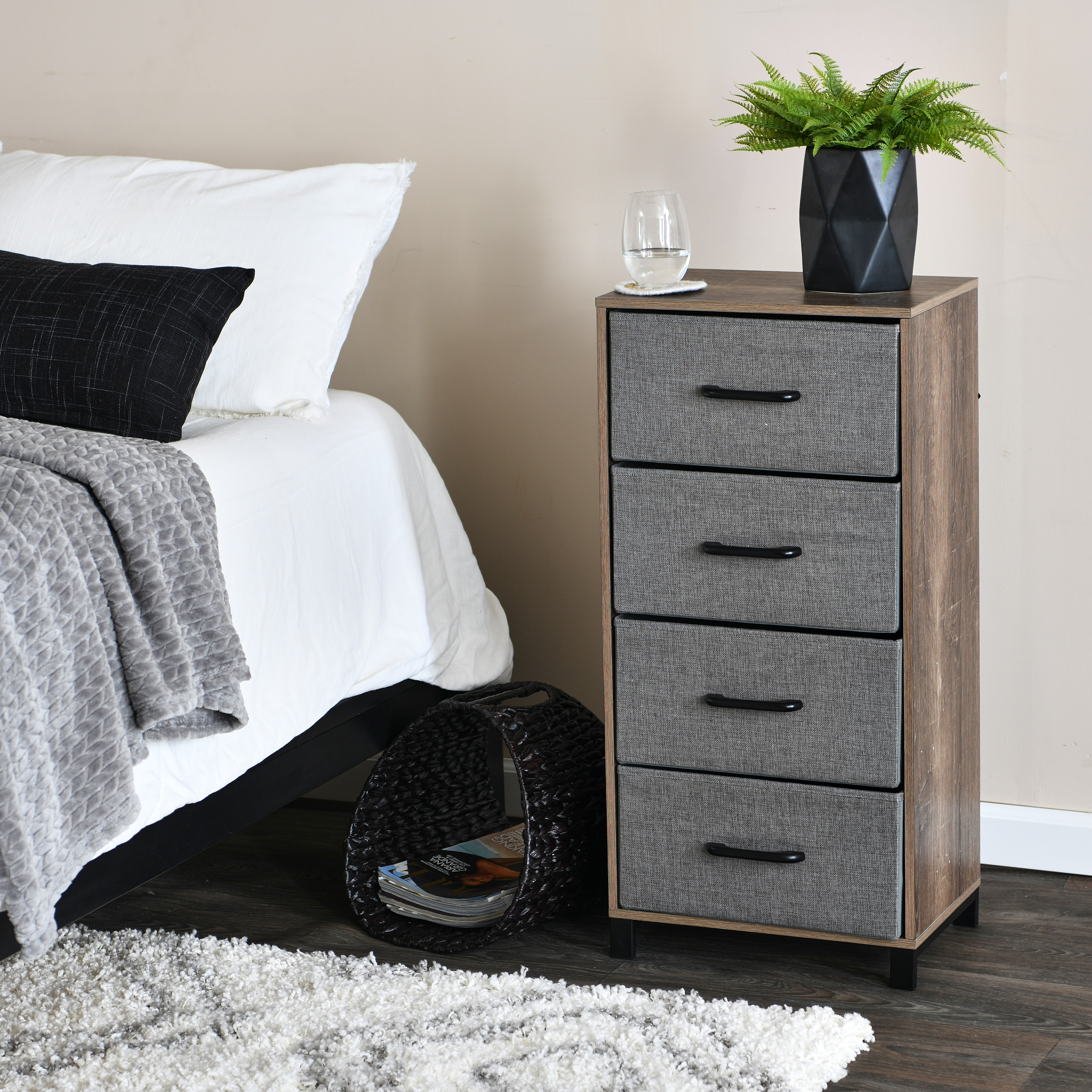 Household Essentials 4 Drawer Dresser, Narrow Storage Chest, Multi-Color Drawers, Wire Backing and Metal Feet, Wood Handles, Ashwood Laminate