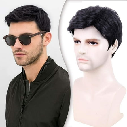 Phocas 8" Mens Wig with Bangs Black Short Wigs Synthetic 80s Wigs Maverick Curly Wefted Wig Caps