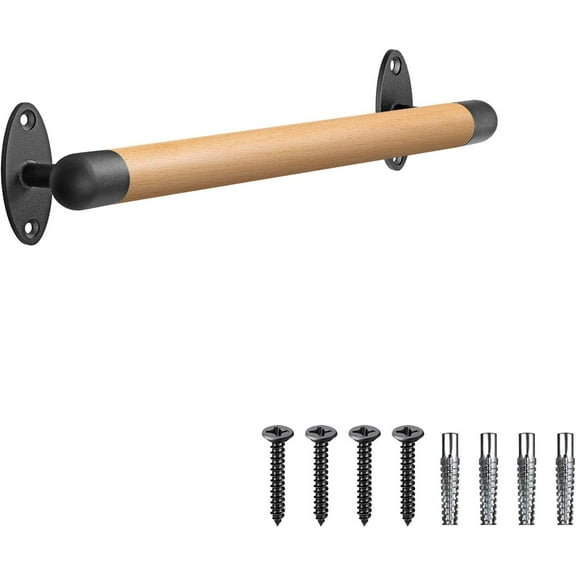 16 Inch Wood Handrail Indoor Stairs Handrail Wall Mount Handrail w/Sturdy Metal Barckets, Barrier-Free Staircase Grab Bar for Elderly, 1.3 Inch Round