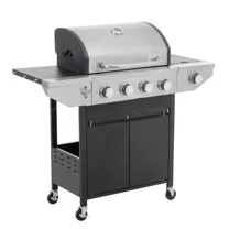 Leuco 4 Burner BBQ Propane Gas Grill, 46,500 BTU Stainless Steel Patio Garden Barbecue Grill with Stove and Side Table