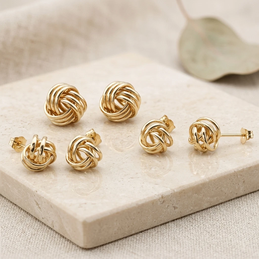 Tilo Jewelry 14K Yellow Gold Classic Polished Love Knot Stud Post Earrings with Secure Push-Backs | 9MM | Women & Unisex