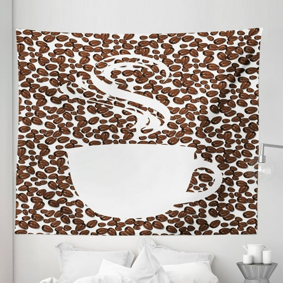 Coffee Tapestry, Piping Hot Java Cup Silhouette on Fresh and Aromatic Beans Gourmet Choice Print, Fabric Wall Hanging Decor for Bedroom Living Room Dorm, 5 Sizes, White and Brown, by Ambesonne