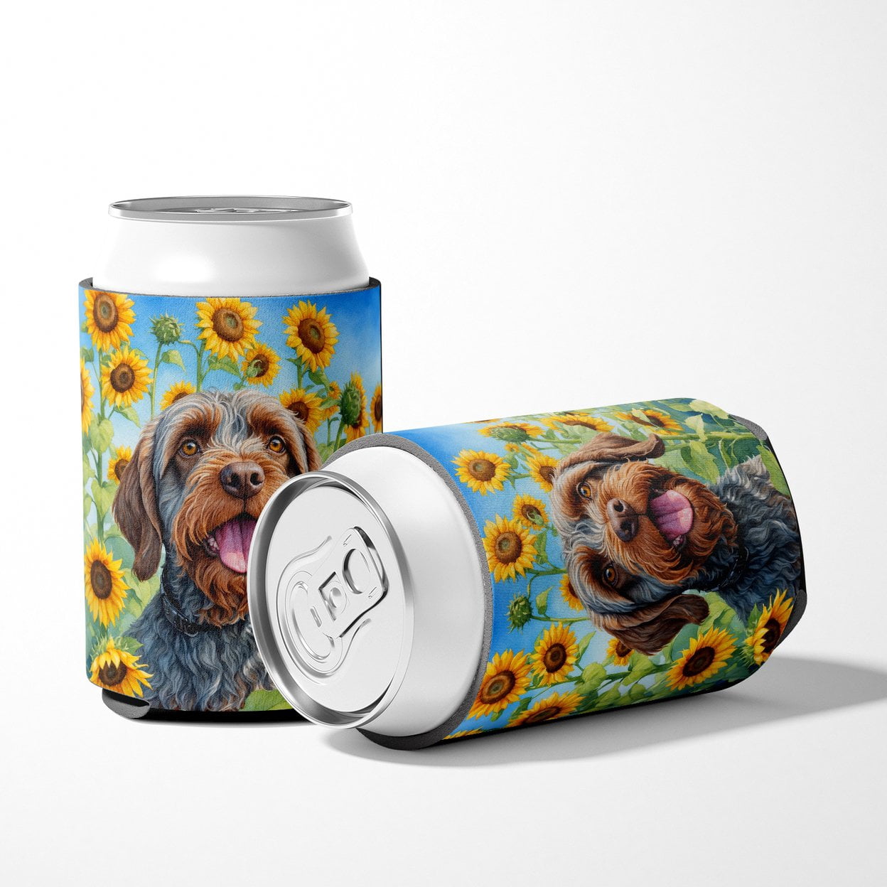 Wirehaired Pointing Griffon in Sunflowers Can or Bottle Hugger 3 in x 5 in