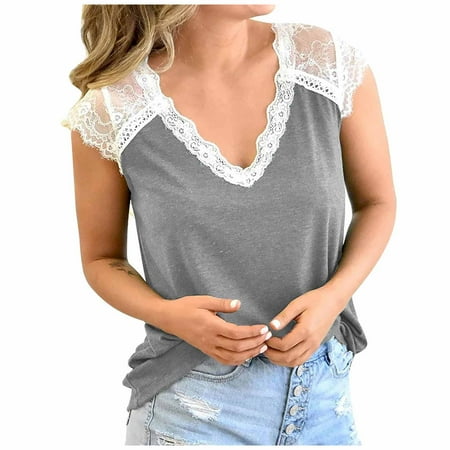 

〖Hellobye〗Women s Fashion Elegant V-neck Lace Printed Short Sleeve Casual Loose Cool Top