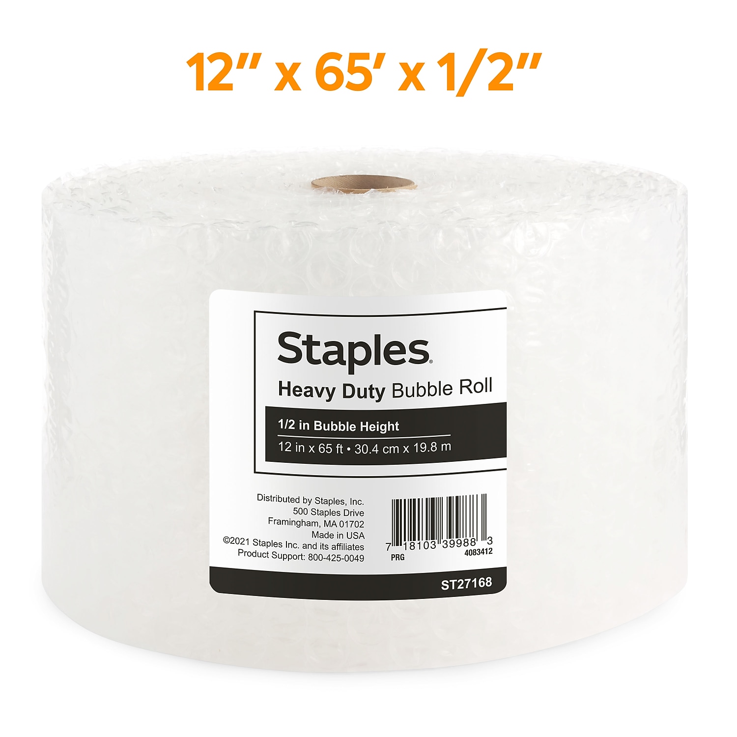 Staples 1/2" Heavy Duty Bubble Roll 12"x65' Each (27168) 4072822