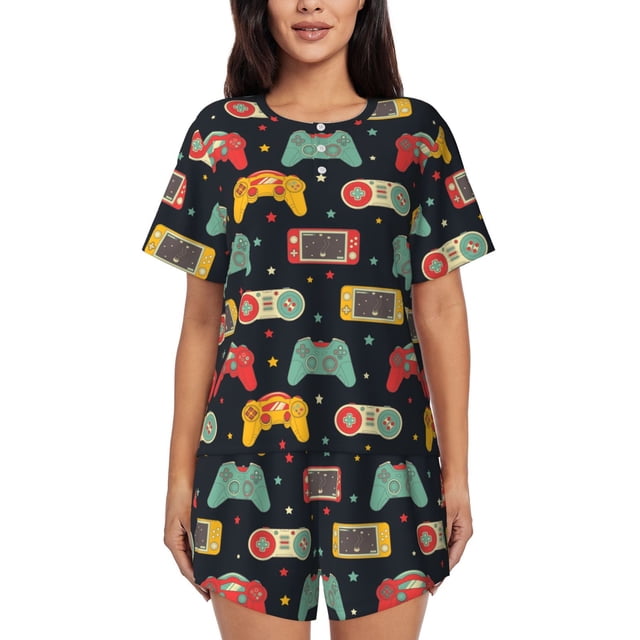Fotbe Retro Video Game Conjunto de Pijama Estampado para Mujer, 2 Piezas, Ropa de Dormir con Camiseta de Manga Corta y Shorts Suaves-Large
