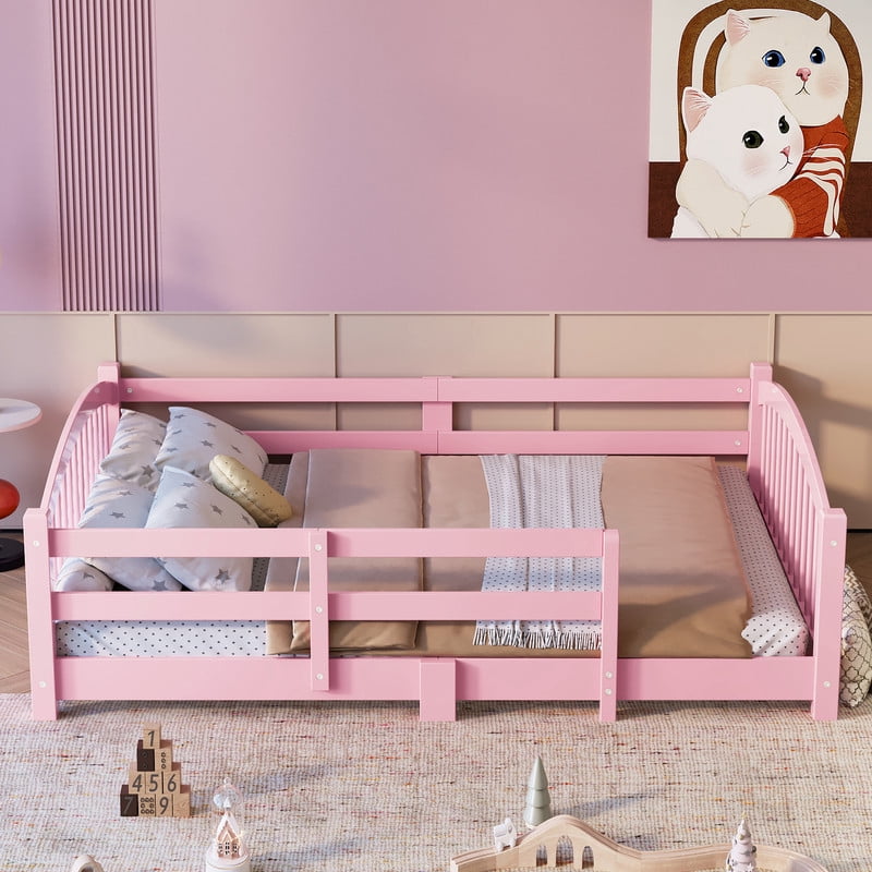 Mirightone Wood Full Floor Bed with Safety Guardrails, Full Montessori Bed Frame with Slats, No Box Spring Needed - Pink