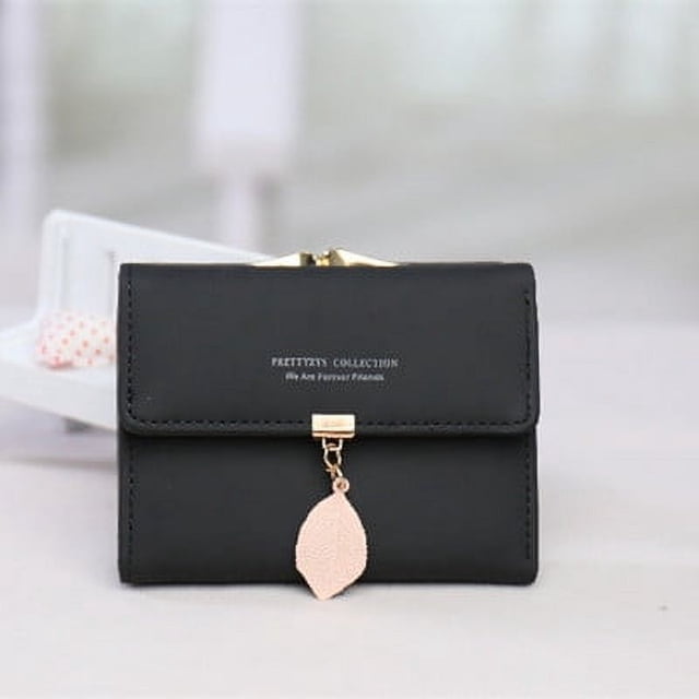 Cartera corta para mujer, de PU, con colgante de hoja, bolso de tres pliegues, monedero para mujer