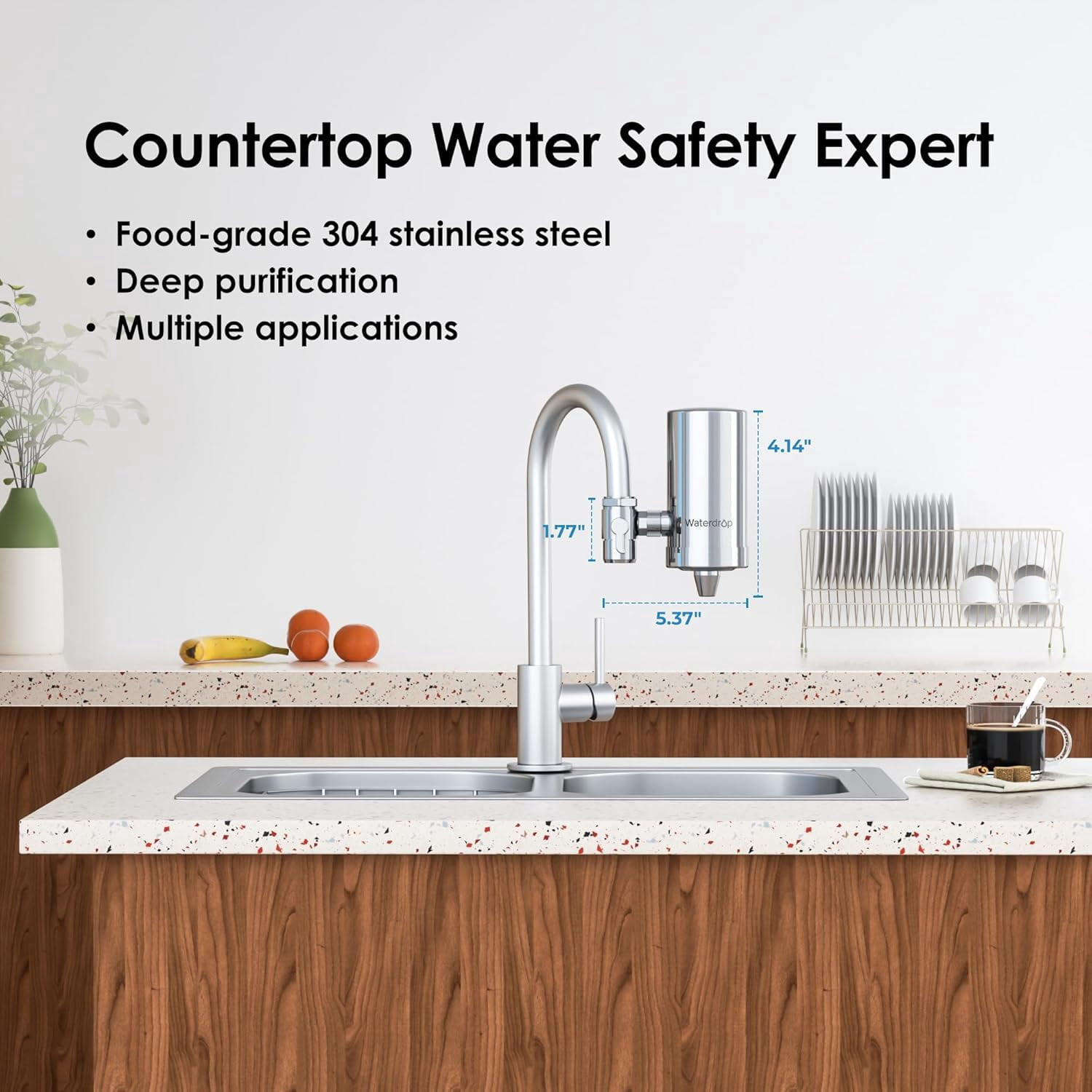 Waterdrop Stainless-Steel Faucet Water Filter, Carbon Block Water Filtration System,WD-FC-06(1 Filter Included)