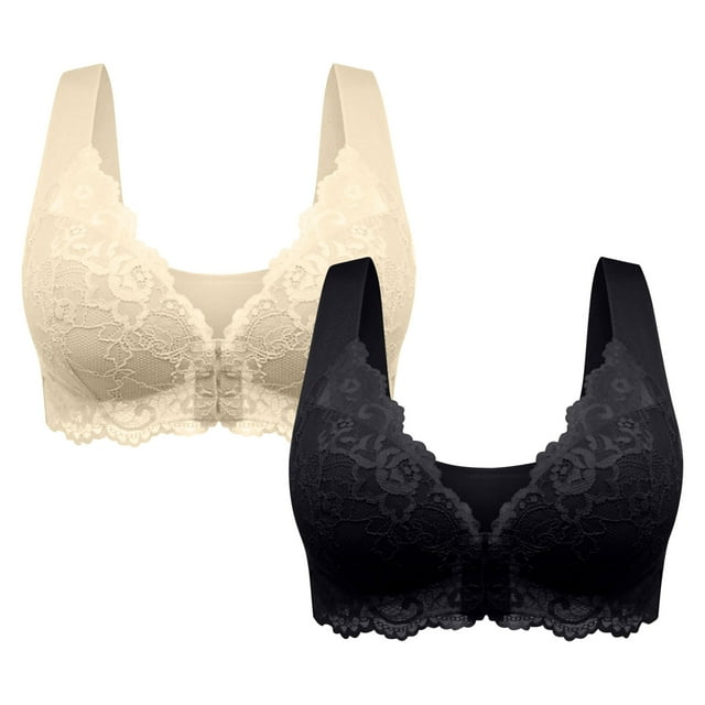 FAIWAD 2pcs Womens Bras Plus Size Front Closure Lace Seamless Stretch Bralettes Comfy Full Coverage Breathable Daily Underwear