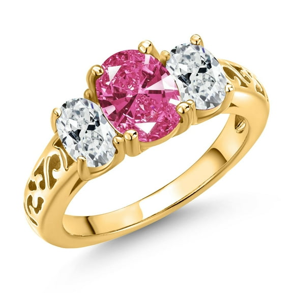 Gem Stone King 18K Yellow Gold Plated Silver Pink Zirconia and White Zirconia Filigree Style 3 Stone Ring for Women (2.07 Cttw, Oval 8X6MM and 6X4MM) (Size 7)