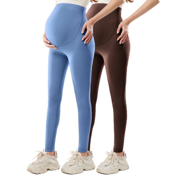 Riecok 2PC Maternity Yoga Pants Pack High Waisted Stretchy Pregnancy Leggings Solid Breathable Workout Pants