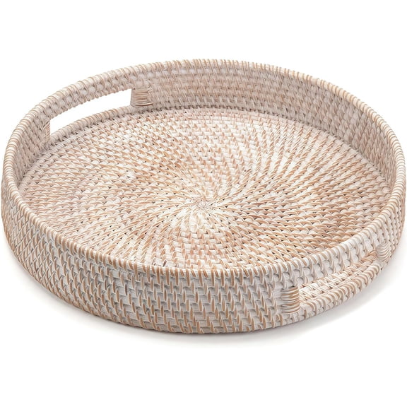 11.8" Round Rattan Tray, Hand Woven Serving Tray with Handles, Wicker Serving Basket, Decorative Tray for Home Decor, Whitewash