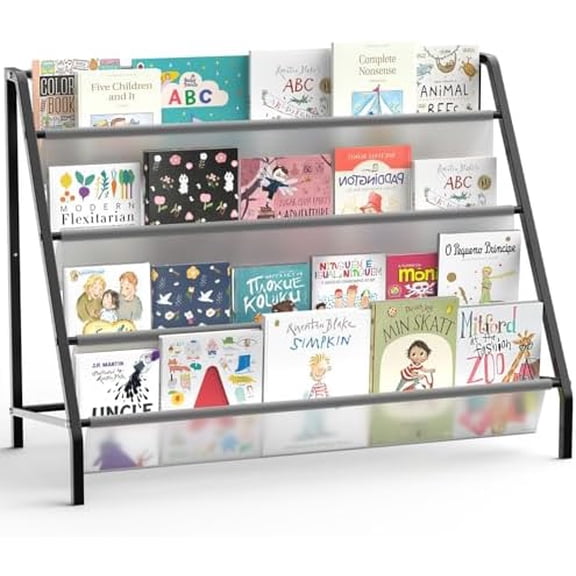 High-Transparent 4 Tier Kids Bookshelf, Sturdy Metal Large Size Book Rack Storage for Kids (Black)