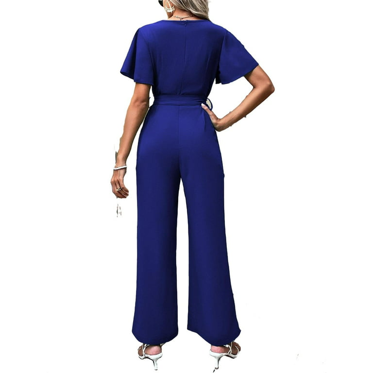Casual Plain V neck Shirt Short Sleeve Royal Blue Womens Jumpsuits