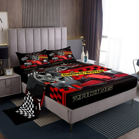 Erosebridal Red Car Sheet Set Twin,Extreme Sport Bedding Sets Twin Size,Geometric Buffalo Twin Sheet Sets,Breathable Automobile Room Decor,3pcs